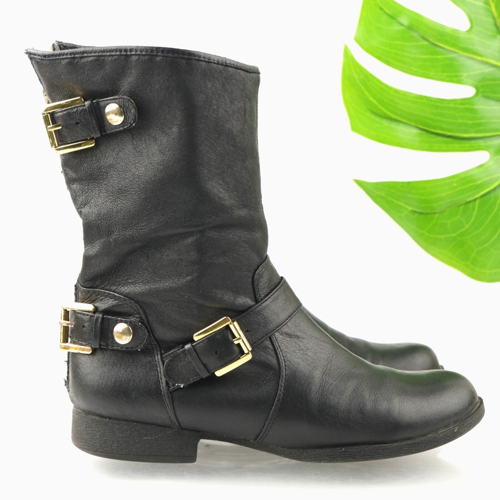 Steve Madden Womens Ennage Boots Size 7 Black Leather Moto Biker Buckle Booties